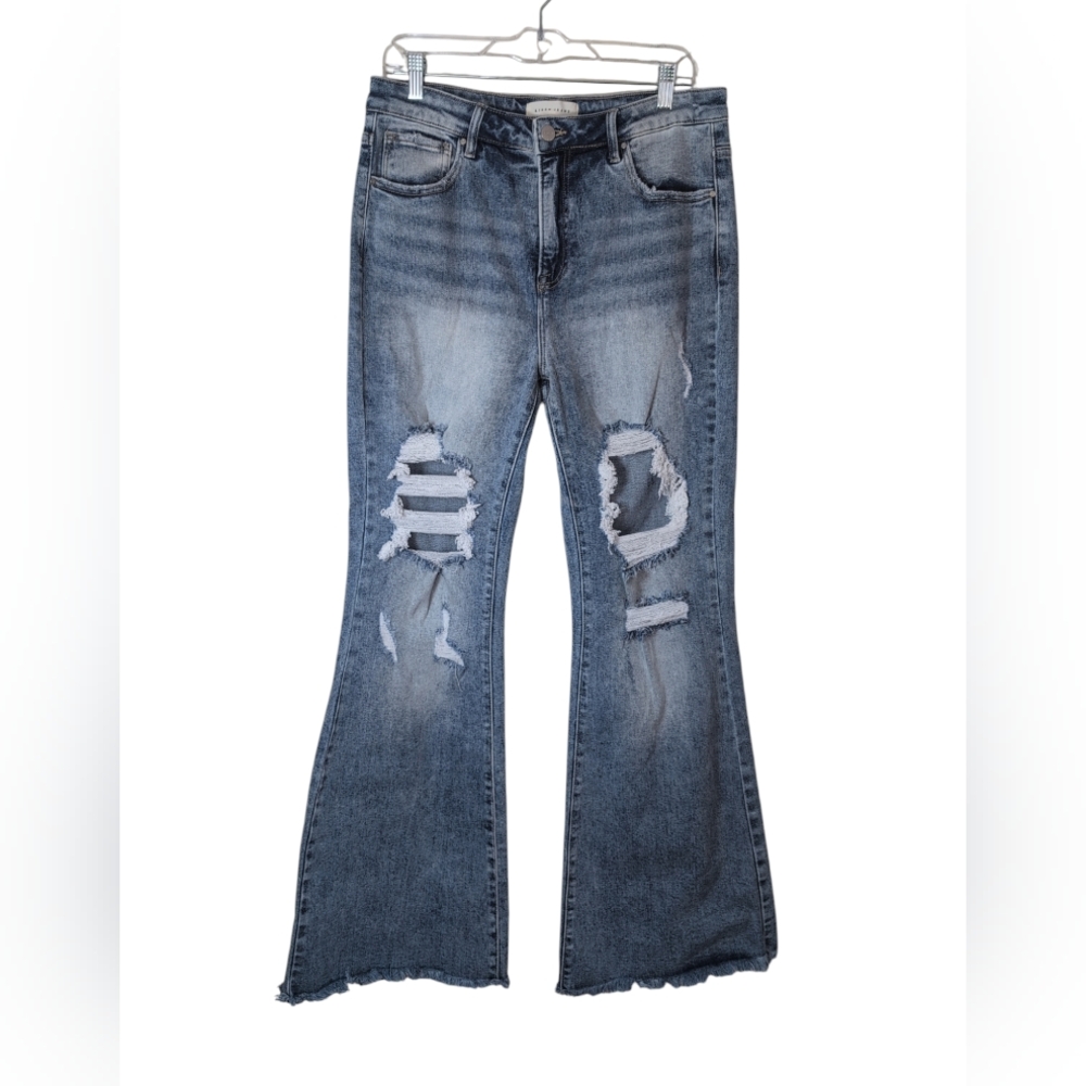 Risen Jeans Junior's 13/31 Blue Destroyed Distressed Flare Frayed Hems High Rise